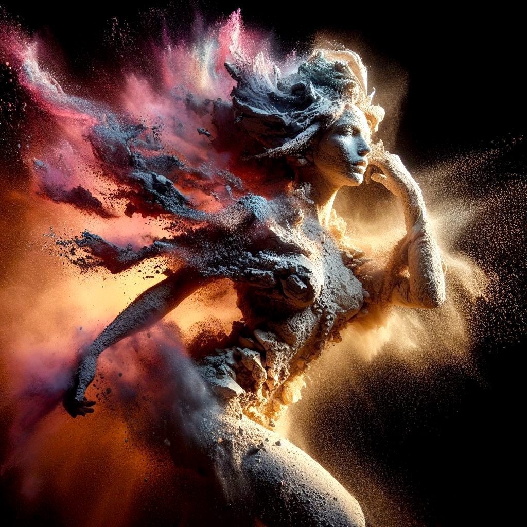 She is a gorgeous woman-like being created out stone ((she is coming out from the ground) , dust dances around the character, by vladimir matyukhin, raw, intricate, vibrant colors, (((facing viewer) ))