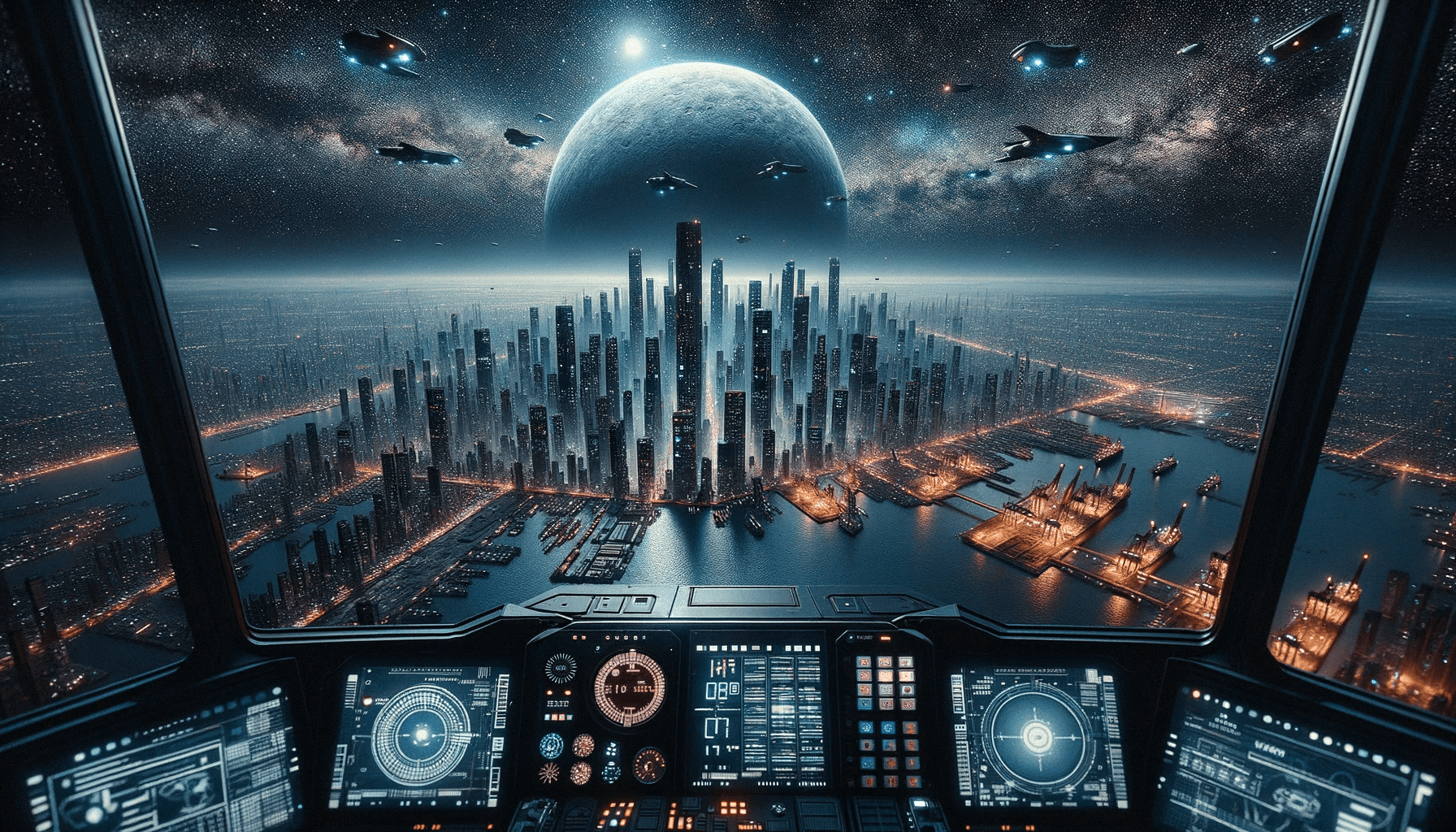 Photo: a hyper-realistic view from the cockpit of a futuristic spacecraft. The vantage point is at sea level, looking out over a sprawling dystopian mega-city that comes alive at night. Towering skyscrapers reach for the sky, some with lights flickering on and off. Industrial complexes and a bustling port can be seen beside the vast ocean. In the sky, countless stars and galaxies shimmer, with a massive glowing moon dominating the scene. The overall aesthetic is reminiscent of a cyberpunk world.