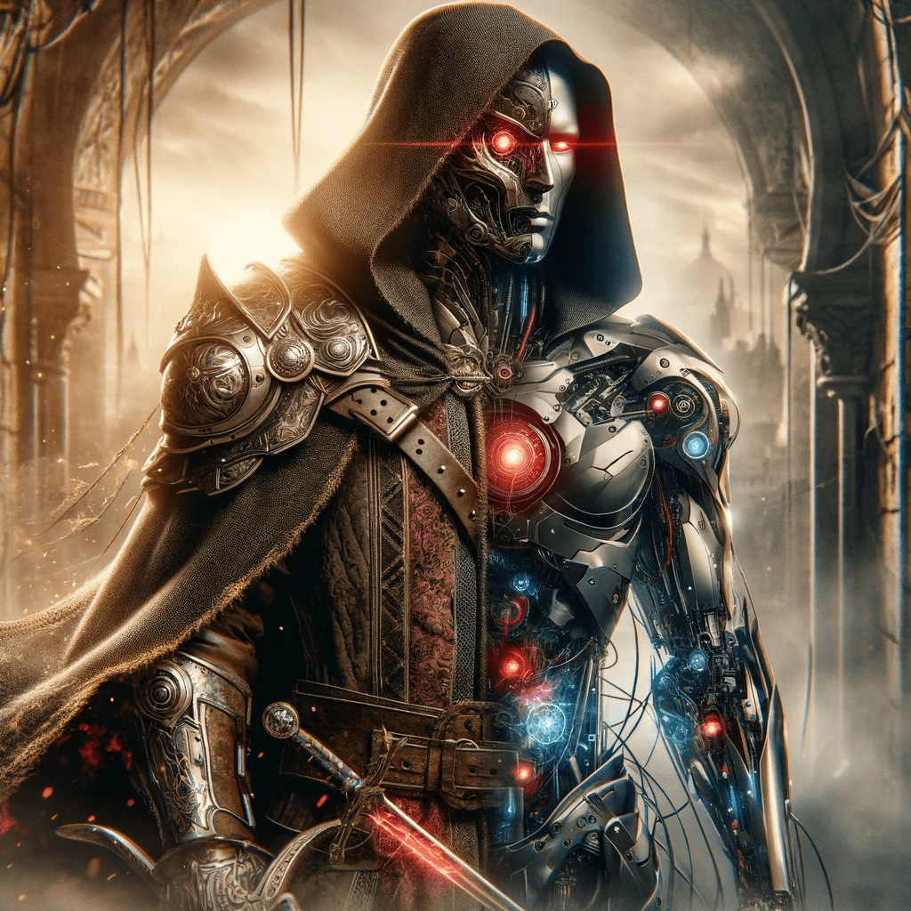 Generate an image of a cybernetic mystic in an ancient corridor. The figure has a robotic face with a single glowing red eye and is wearing a hooded cloak with golden ornate patterns. The mystic's armor combines metal and glowing runes, suggesting a blend of magic and technology. Focus on high detail and contrast, with a balance between the fantastical elements and the grounded, realistic textures. The guidance scale should be set high to maintain the intricate details of each element.