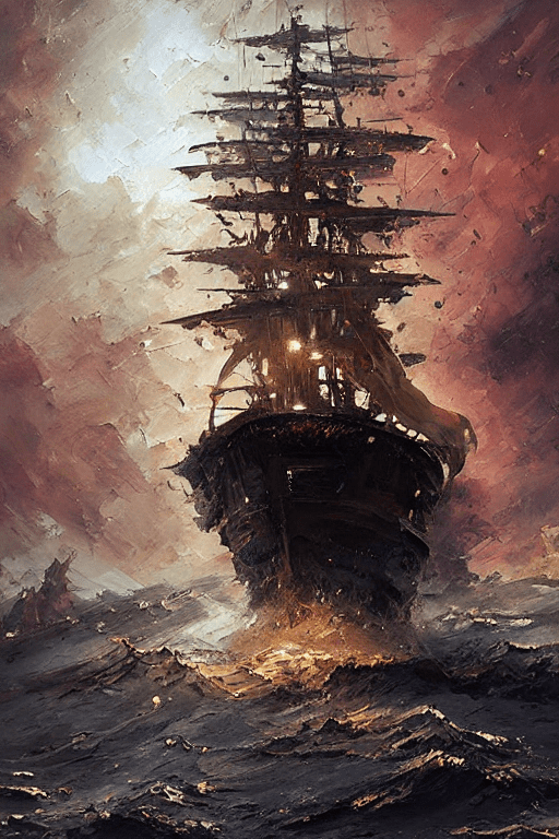 Oil painting with heavy impasto of a pirate ship and its captain, cosmic horror painting, elegant intricate artstation concept art by craig mullins detailed