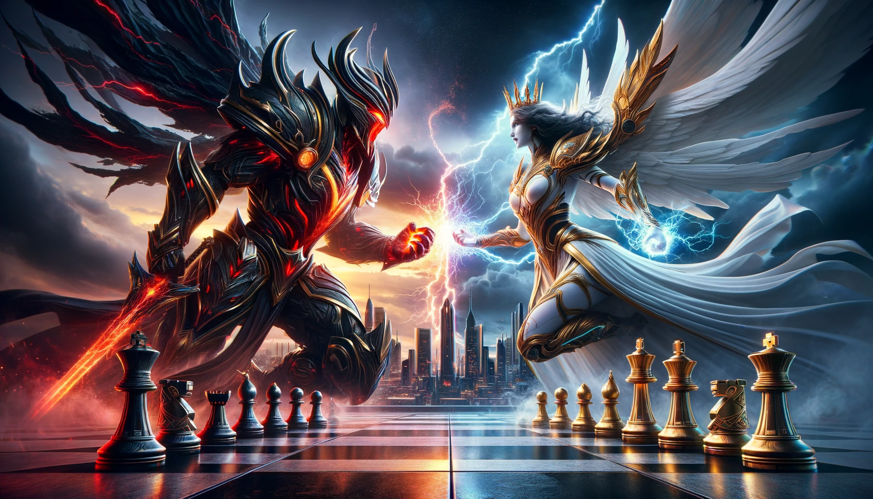 Digital artwork of a fantastical chess game set in the foreground with a towering dark knight and a glowing queen as the central figures. The knight is infused with volcanic energy, with cracks of lava throughout its armor, while the queen radiates celestial light and power. They are surrounded by standard chess pieces that pale in comparison to their grandeur. The background shows a city skyline under a twilight sky, where the boundaries between a cyberpunk metropolis and an apocalyptic realm blur. The scene is charged with an intense clash of elemental energies, symbolizing a strategic battle of epic proportions. Robiness. Masterprompter.