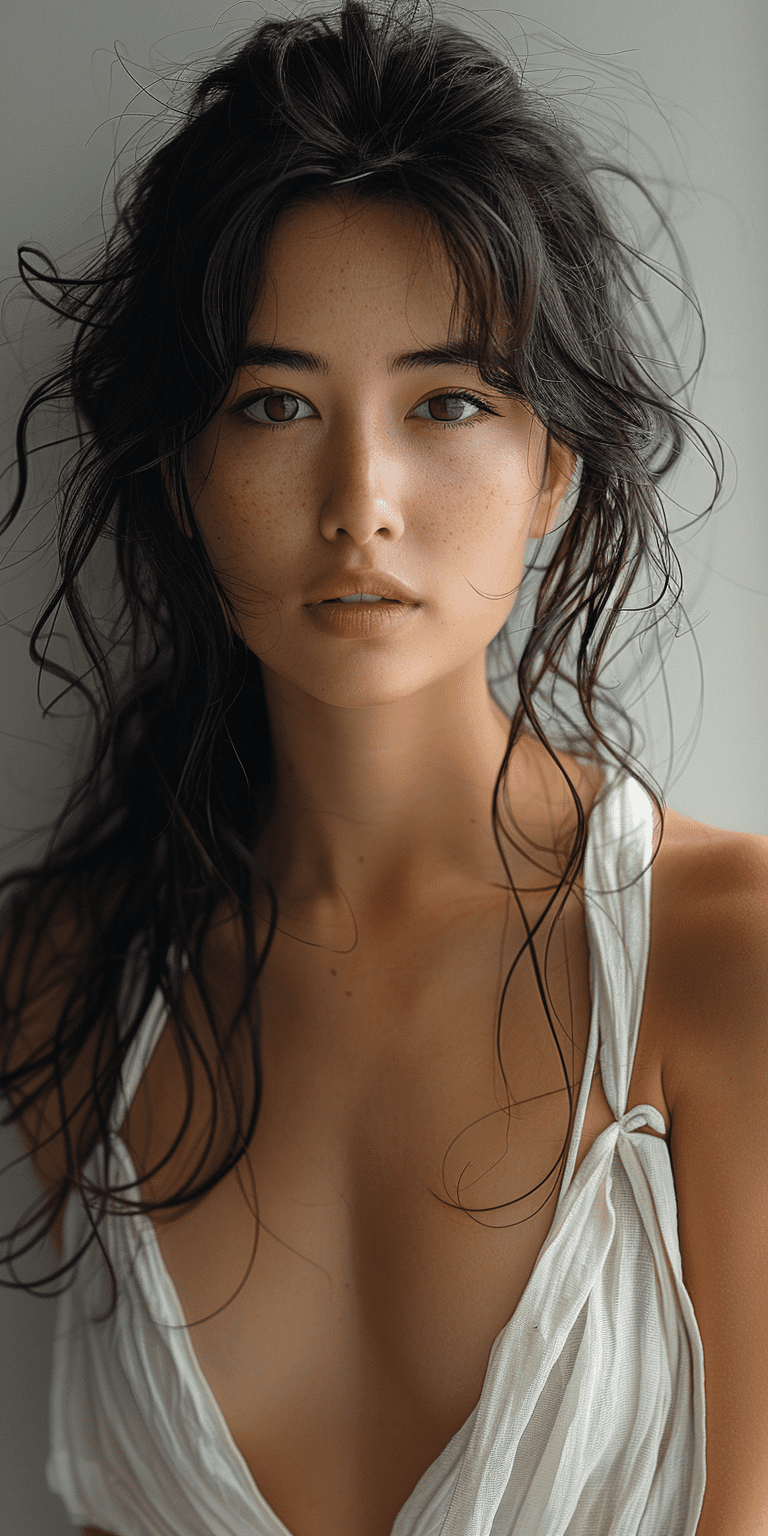 Real photography, beautiful japanese model, mid-20's, shot on a canon eos, in the style of annie leibovitz, photorealistic, high quality, white background --ar 1:2 --stylize 750