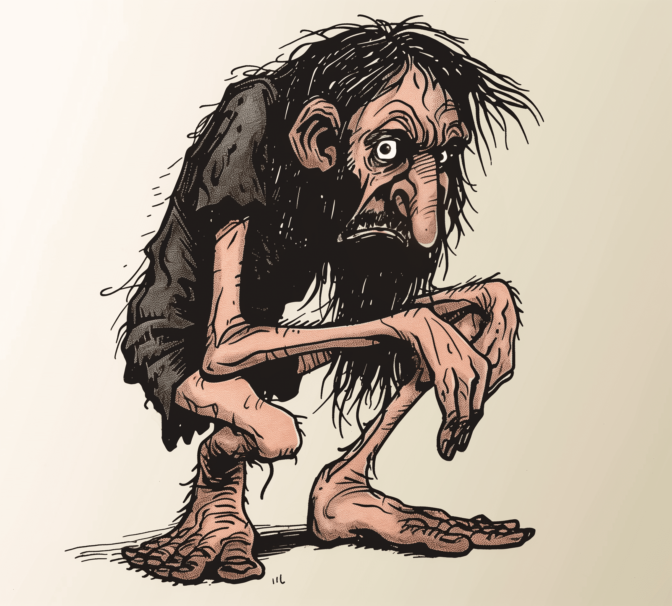 A simple cartoon drawing of an ugly man with long hair and stubble, hunched over his hands in despair in the style of robert crumb, full color --ar 105:94 --v 6. 0
