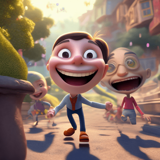 An image of a happy cartoon man, full body accompanied by several characters, which are well defined in her face and eyes at a distance of 6 steps from the camera pixar style, , perfect composition, beautiful detailed intricate insanely detailed octane render trending on artstation, 8 k artistic photography, photorealistic concept art, soft natural volumetric cinematic perfect light, chiaroscuro, award - winning photograph, masterpiece, oil on canvas, raphael, caravaggio, greg rutkowski, beeple, beksinski, giger