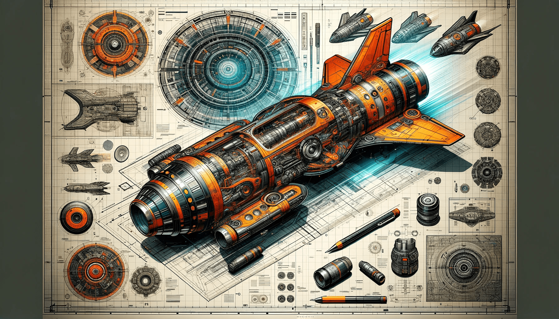 Produce a detailed technical illustration of a spacecraft, showcasing a cutaway design that reveals its internal structure. The spacecraft should be rendered with a sleek, streamlined body in vibrant orange and metallic shades. The image must include annotated engineering blueprints, detailed schematics, and callouts, set against a technical background that provides a comprehensive view of the craft's design. Aim for a sketch-like style that merges artistic intricacy with mechanical precision, complete with various angles and detailed exploded views of spacecraft components