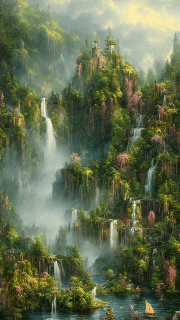 Summer landscape, lime color, bokeh, the waterfall, fog over the lake, insanely detailed and intricate, hypermaximalist, elegant, ornate, hyper realistic, super detailed