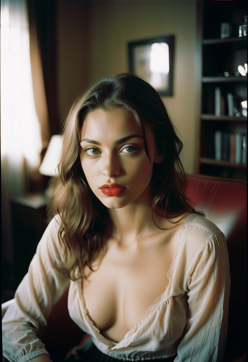 Analog color film photograph of a beautiful eastern european woman with light colored perfect eyes, lips parted, longingly staring at the viewer as she sits on a chair in her living room at night, wearing an unbuttoned long sleeve light-colored blouse, dark-colored skirt, tousled long brunette hair, full luscious lips with a hint of red lipstick, dark, moody, natural light, muted colors, desaturated, iso 200 faded film, 35mm photo, grainy, vignette, vintage, kodachrome, lomography, stained, highly detailed, found footage