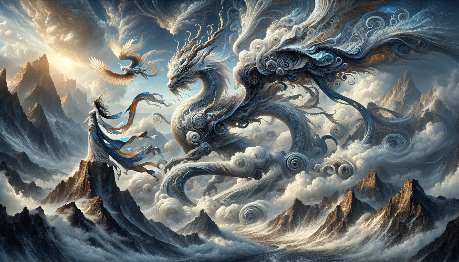 Create a hyper-maximalist, detailed cinematic painting in an air-bender theme. The scene depicts a majestic air dragon and its queen, high in the skies among the clouds. The dragon is composed of swirling winds and clouds, with a form that flows like the air itself. The queen stands with an ethereal grace, her attire flowing and adorned with motifs of birds and feathers, signifying her dominion over the skies. They are surrounded by powerful gusts of wind and vortexes, elements that the air dragon manipulates with ease. The backdrop is a vast expanse of open sky, with the dragon and queen poised above towering mountains. The composition captures the freedom and essence of air, with a tribal and fantastical aesthetic, rendered in ultra-high 8k resolution to emphasize the intricate details of their forms and the vastness of their domain. Robiness. Masterprompter.