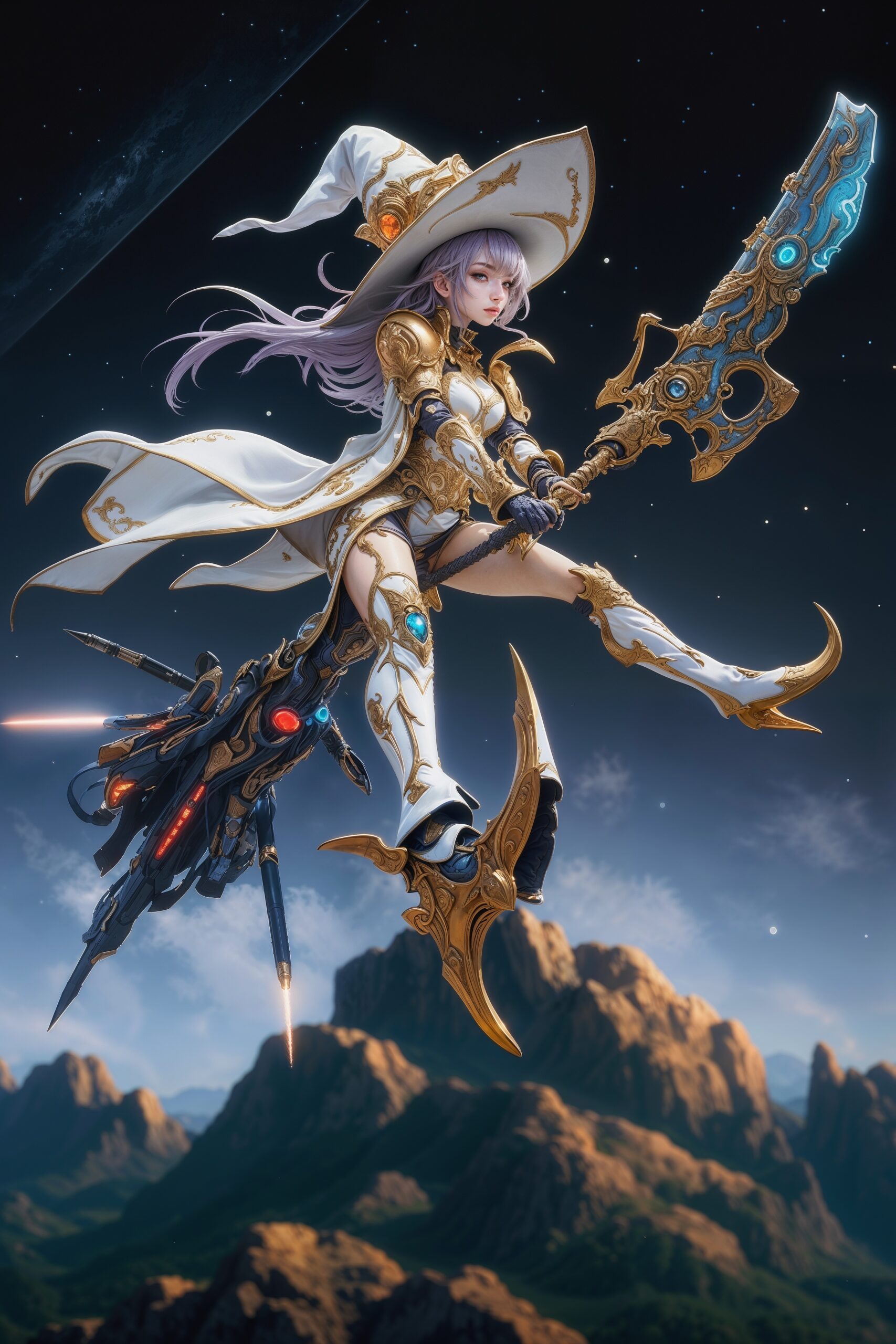 A full body photo shot of a beautiful cyberpunk ((witch) ) wearing casual gold with white armor pattern details, on a armor plated rifle like broom in the air, jet powered, sci-fi, design, with curved gold plated boots, this full body image is a one of a kind unique, highly detailed, 8k sharp focus quality photorealistic ((masterpiece) ), soft green detailed perfect eyes, beautiful perfect face, perfection, perfect symmetry