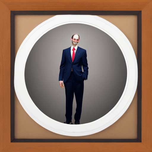 High resolution photography. Young, thin, balding lawyer, wearing a suit and tie, smiling. His crotch hangs like a bag. Arms akimbo. Image framed in a circle.