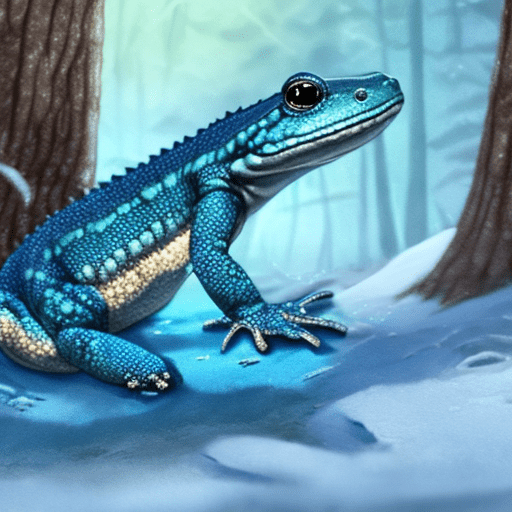 Blue salamander in sneakers in winter forest, high quality image, 4k, detailed character drawing
