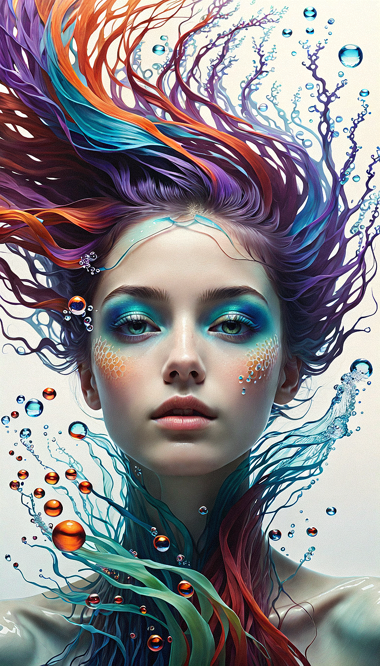 Frontal portrait of a whimsical and colorful woman resembling a mermaid or siren. Fair complexion, youthful features, wide open eyes, and delicate freckles on nose and cheeks. Vibrant, gravity-defying hair in shades of purple, blue, orange, and teal. Hair transitions into tendrils or aquatic flora, creating an underwater illusion. Small bubbles floating around the head add to the underwater theme. Attire or visible body part resembles teal and green fish scales with vibrant colors. Overall effect: serene and otherworldly underwater creature in quiet contemplation.