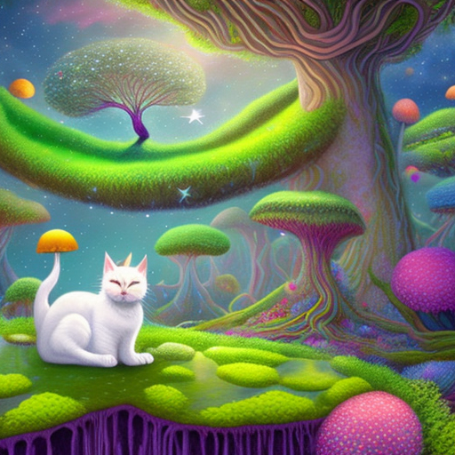 A vibrant, colorful scene, majestic white cat on a floating island, galaxy of stars and floating planets in the sky, enchanted landscape filled with whimsical fungi, enchanted forest landscape, magical and dreamy woodland with vibrant green foliage and sparkling fungi, landscape with twisted trees and vines, natural lighting and dark shadows, unique fantastical elements like floating planets, highly detailed vegetation and foliage, deep contrast and color vibrancy, texture and intricate details in a fungi element