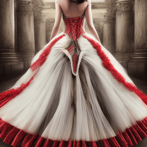 Insanely detailed_ (photorealistic full-body shot capturing the back view of a woman:2. 7) _masquerade woman_dress sliding across floor_ (face looking over shoulder:1. 9) (black and red tulle ball gown and wide skirt:1. 5) (well curved:2. 5) (long blonde hair:2) (dark ball room:2. 9) (masquerade mask:1. 3) (prominent chin: 1. 4) (feathers:1. 6) 16k resolution_beautifully shot_bokeh_profesional photography_high contrast_bright colors_bold colors_high resolution_hyperrealistic_clean sharp focus_film grain