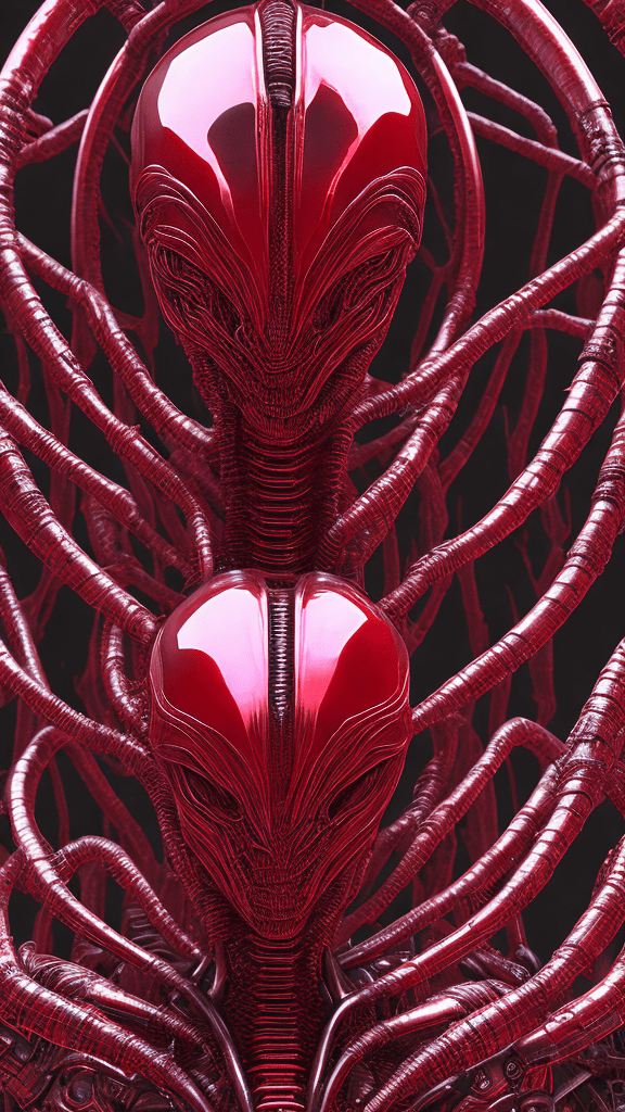 Ultra hd "complex-inducing (alien:1. 5) rfktr-style headshot framed transparent ruby red in the style of hr giger from the movie alien, steampunk organic biotech cyborg soft light , masterpiece 3d octane render focused, sharp focus, tenebrism, creating a nightmarish award-winning photography, masterpiece, oil on canvas, raphael, caravaggio, greg rutkowski, beeple, beksinski, giger,. The algorithm employed is hauntingly terrifying, rendering a highly detailed and realistic depiction. The background, sinister and complex, centers the viewer's attention perfectly. Executed in a neo-expressionist oil paint style, the design boasts slick, bold lines with a glossy finish, providing an aesthetic that is both impeccable and ominous. The rendering incorporates 3dmm_v12 and 4d octane techniques, bathed in volumetric lighting for an otherworldly visual impact. The artwork is softened through macros, with a touch of elegance from v-ray execution. An epitome of visionary terror, nuanced by the elegance of h. R. Giger, this club card captures the essence of ghastly perfectionism and alien-inspired pop art. Infused with an aw0k euphoric style and negativexl_d unaestheticxlv13, the result is a terrifying visual experience. "