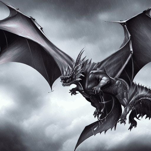 Realistic fierce dragon with black scales with wide span wings standing in a storm