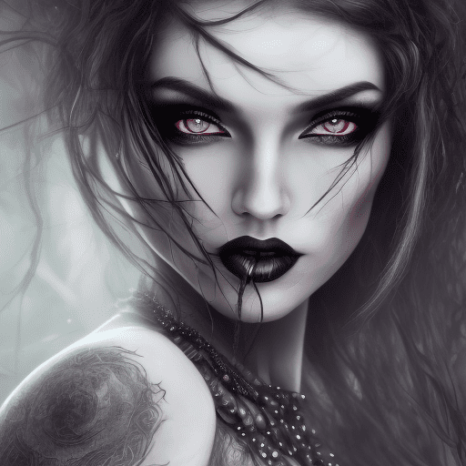 Create image of woman, a full body portrait of dark queen, perfect face, dark fantasy randy theme, mystical, zoomed, dark theme, underworld theme, deviant art masterpiece , crimson eyes, grey hair, dark dress, dark tattoos, color grading, dark illustration, 8k cinematic effect