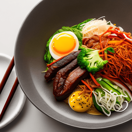 Food photography, bibimbap, top view, in a luxurious michelin kitchen style, studio lighting, depth of field, ultra detailed --q 1