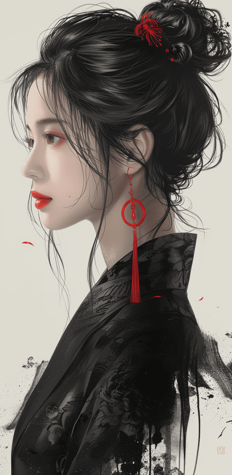 A simple ink illustration of an elegant japanese woman with her hair in a bun, profile view. Wearing red earrings and black kimono, delicate features, white background color, her face glows slightly from behind, minimalist art style --ar 63:128 --stylize 750
