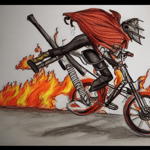 80s fantasy high resolution sketch knight wheelie jumping on a 3 wheeler atc 200 through flames acrobatics