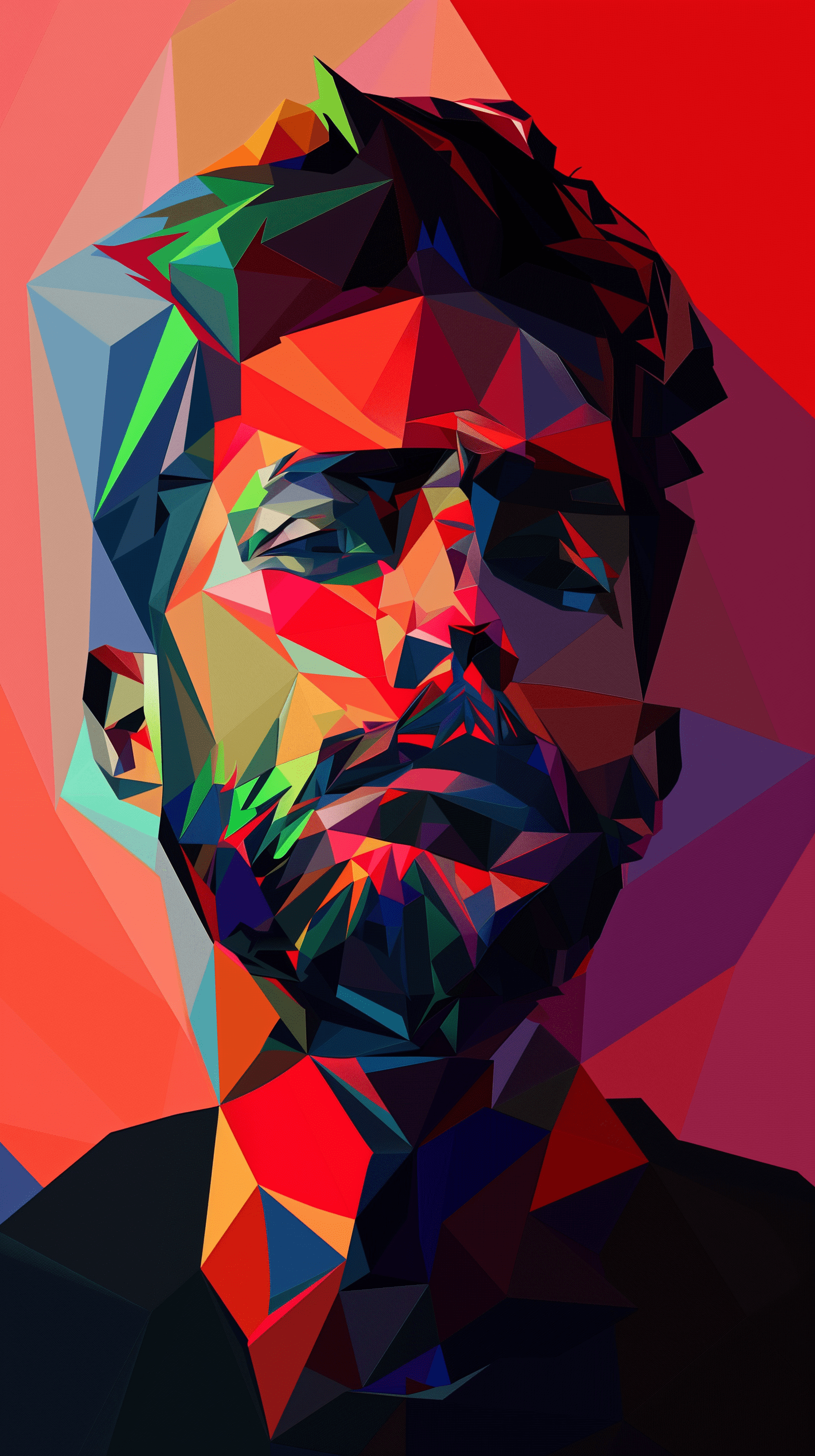 Illustration, personality art, upper-body, man, simplify, consisting of randomly colors, bold, low-poly, flat, minimal, masterpiece --ar 9:16 --style raw