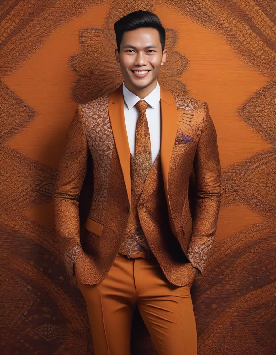 Fashion cover, front view, full-body, man model, door, chic (indonesian batik:1. 8) suit, orange shirt and (indonesian batik) tie, (indonesian batik) texture boots --ar 9:16 raw