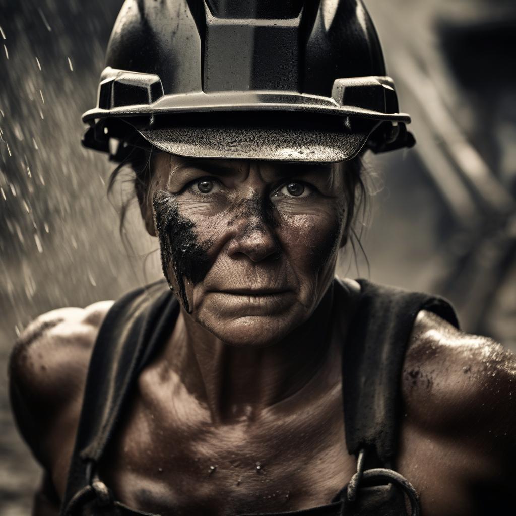 A sweaty muscular woman working hard as a coal miner on a stressing and dirty job, male physique, exhausted,