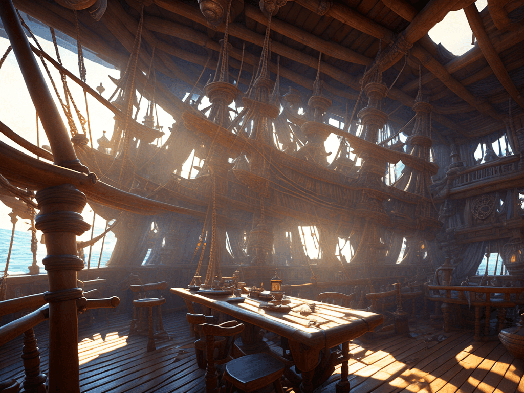 Interior photo of a ultra realistic pirate ship, dramatic light, cinematic lighting, battered, low angle, trending on artstation, epic, 4k, hyper realistic, focused, extreme details, unreal engine 5, cinematic, masterpiece, art by studio ghibli, intricate artwork by john william turner