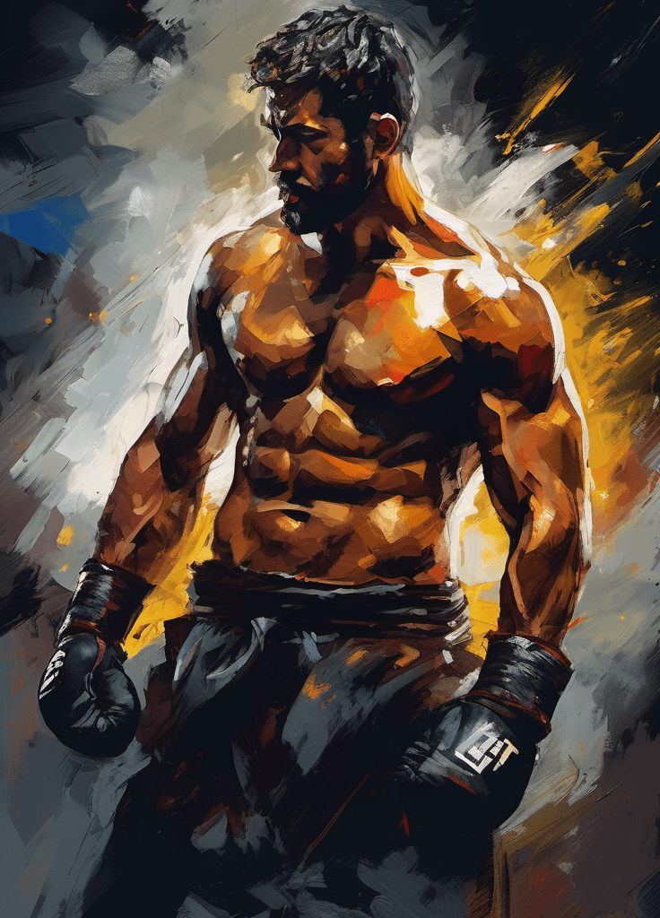 Stunning half-body portrait of a fighter, calm, desperate, majestic, intense and brooding dark tones, high quality, expressionism, emotional depth, very intricate, epic scene, masterpiece, high quality, dramatic, unforgettable, digital art style, painting style