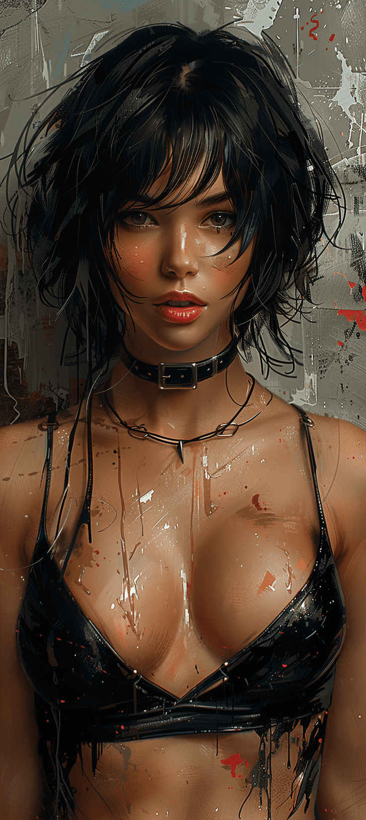 A beautiful asian woman with short black hair in the style of an anime character wearing a choker necklace and techwear outfit against a cyberpunk background, painted in the style of artgerm with wide brush strokes and splatter in a high contrast dark palette. --ar 57:128 --stylize 750