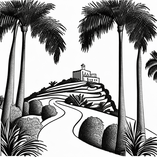 A simple pretty line outline graphic to be used on a wedding invitation picturing a mallorcan villa perched on top of a hill, with a sloping winding path down the hill to a garden below including cypress trees and palms. Black and white.