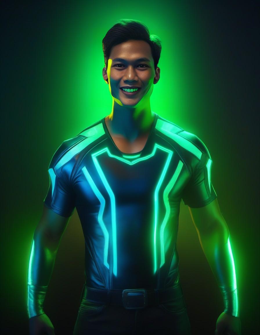 Celestial humanoid male, glowing blue aura, glowing green eyes, black background, blue and green light shining from both hands, full body shot, unreal engine 4, cinematic lighting.