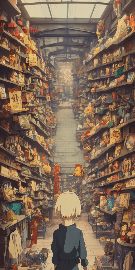 Store full of curious collectibles :: incredible, anime, digital 2d, animated by kyoto animation, studio ghibli, miyazaki, akira art style, beautiful, gorgeous, dramatic lighting, rule of thirds, perfect composition, trending on artstation, 4k --ar 1:2 --quality 2