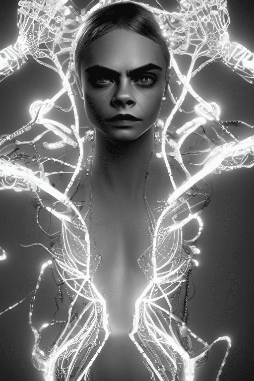 Cara delevingne, artstation, body made of intricate realistic white glowing circuits and robotic parts covered in polished obsidian and onyx plates, cinematic lighting, photo realistic, unreal engine