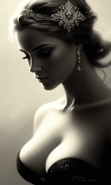 Portrait of goddess girl, (cleavage) , (busty) , blonde, dreamy and ethereal, expressive pose, big black eyes, exciting expression, fantasy, intricate, elegant, dark and moody smoke, highly detailed, digital painting, artstation, concept art, smooth, sharp focus, illustration, art by guy denning