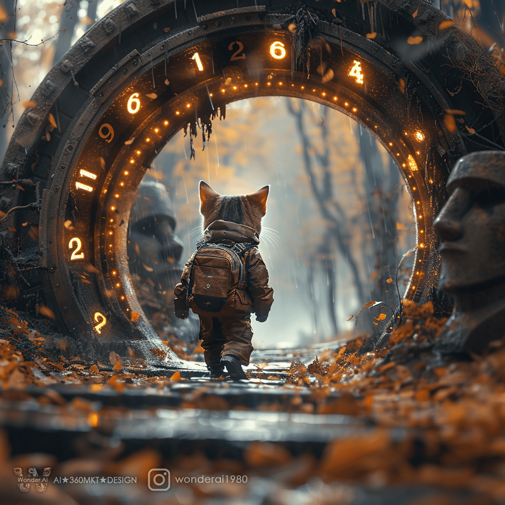 Personification tiny cute cat wearing the north face clothes and hiking shoes, walking inside (((an old clock) )) magical portal with glowing numbers around it, with moai giant stone statues, leaves in the background, raining, wind, weathercore, an epic scene, surreal photography in the style of cai guoqiang, a time portal gate, time travel, a time tunnel, fantasy landscape, a misty afternoon light, a dramatic sky, cinematic, gray and green, ultrawide, back view