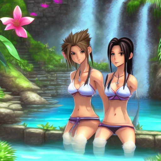 Final fantasy vii characters aerith and tifa, 2 female characters. Smiling faces in a natural pool having an amazing moment. Very festive and romantic moment. Hd realistic manga style. No people in background ; add more jungle plants instead. Make clothes very light beachwear. Add small waterfall in background. Add small flower in hair.