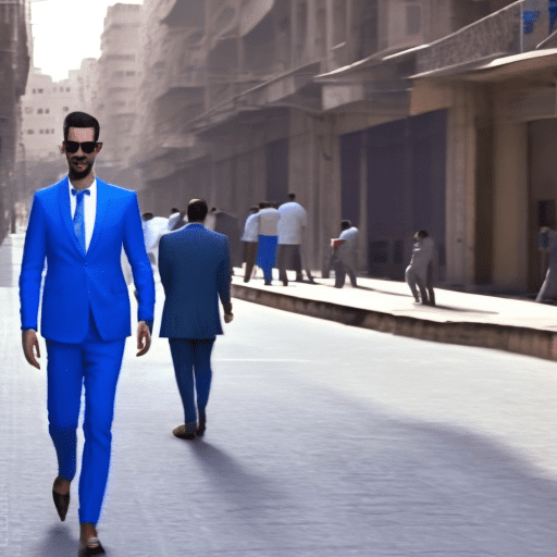 A man wearing a blue linen suit in day light with sunglasses walking in downtown cairo street make the fabric more realistic and video aspect suitable for reels and its duration 30 sec