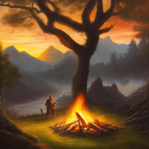 Realistic painting, man in plate armor resting in a bonfire under a tree, elden ring, dramatic light, fantasy landscape, xix century painting, wet-on-wet blending, dark fantasy, extreme details, sunset, forest, wide angle, mountain, vivid colors, tiziano
