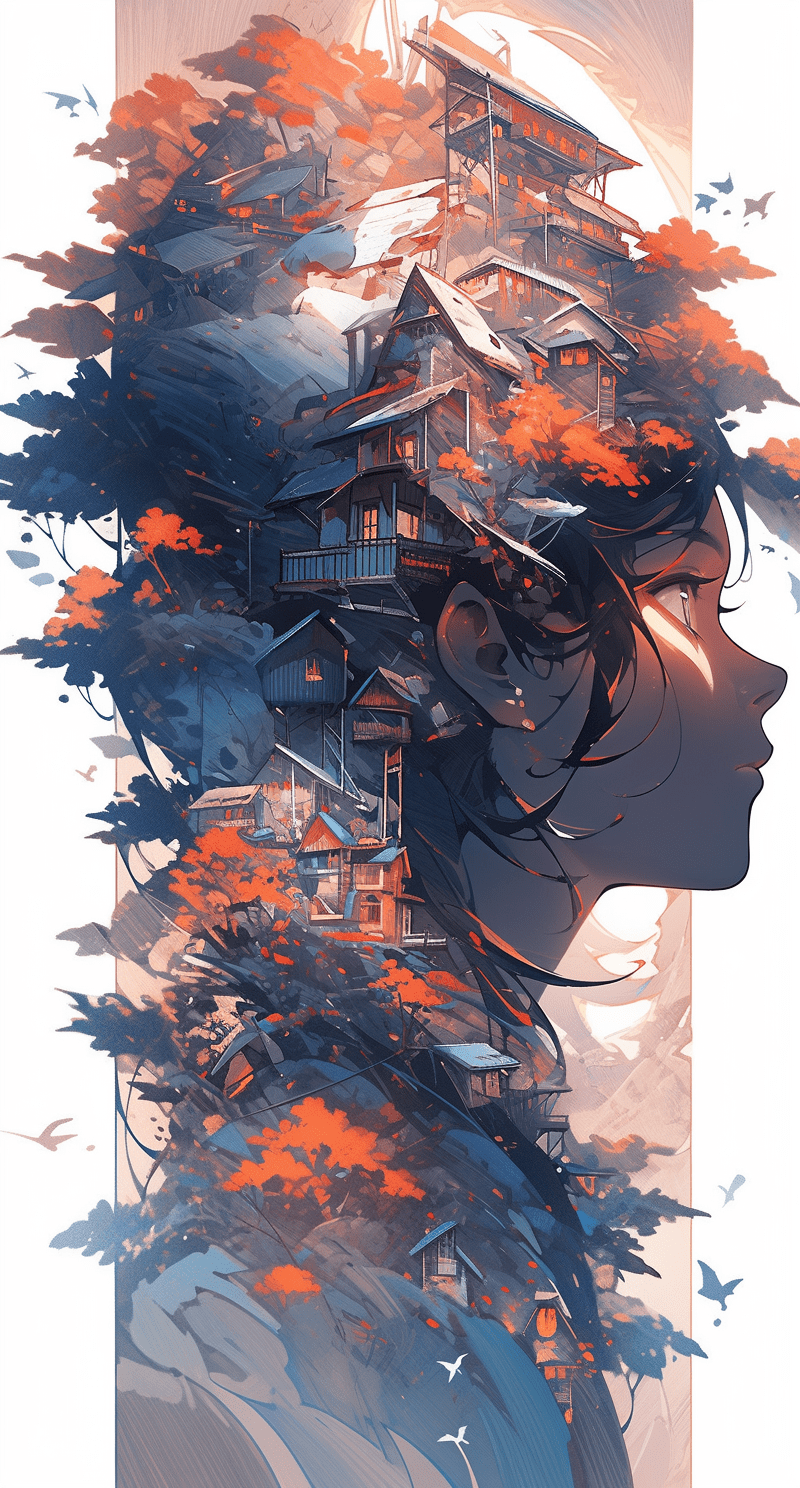 A colorful digital artwork of a woman's head and branches, in the style of haunting houses, graceful surrealism, depictions of urban life, dark sky-blue and orange, portraitures with hidden meanings, caricature-like illustrations, metropolis meets nature --ar 69:128 --s 750 --niji 5