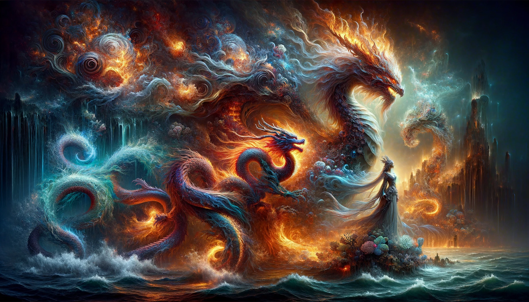 Create a hyper-maximalist, detailed cinematic painting that blends the themes of fire and water, featuring a majestic dragon and its queen. The dragon is a fusion of elemental forces, with one half resembling flowing water and coral textures, and the other half a tapestry of flaming scales and fiery textures. The queen stands beside the dragon, her attire a harmonious blend of sea-themed ornaments and royal fire motifs, shimmering with the qualities of both water and flame. They are enveloped in a fantastical mix of whirlpools and spirals of flame, symbolizing the unity of fire and water. The background features an underwater kingdom that transitions into a realm of fire, with bioluminescent marine life glowing alongside embers and ashes. The scene, set against a backdrop of mystical fog and dramatic lighting, captures the coexistence and interplay of these elemental forces, rendered in ultra-high 8k resolution to accentuate every intricate detail of this merged elemental world. Robiness. Masterprompter.