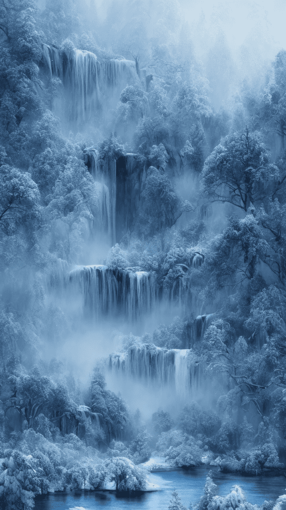 Winter landscape, blue color, bokeh, the waterfall, fog over the lake, insanely detailed and intricate, hypermaximalist, elegant, ornate, hyper realistic, super detailed
