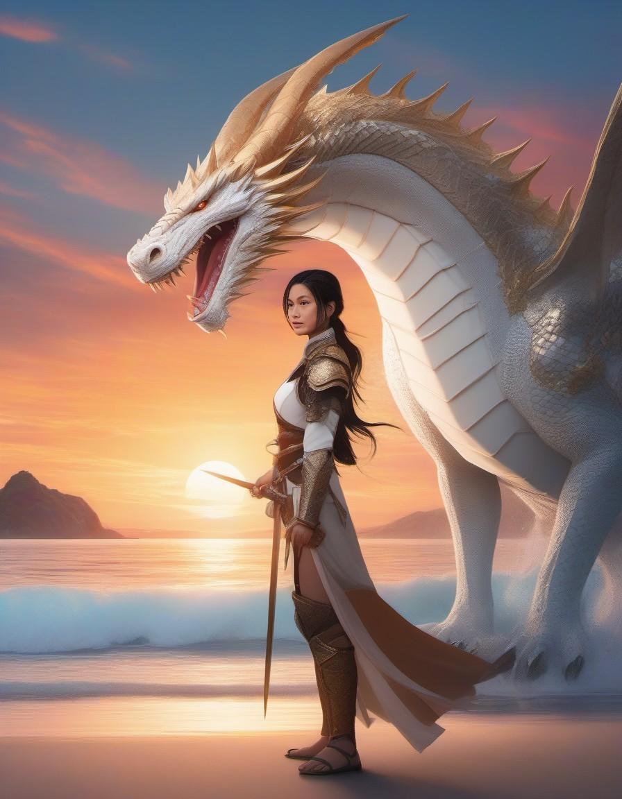 Anime illustration of an alive-skinned armored knight with a black ponytail and glasses petting a majestic white dragon on a beach at dawn, vivid colors, intricate details, dynamic composition and a touch of surrealism, soft morning light, golden ratio and a powerful narrative