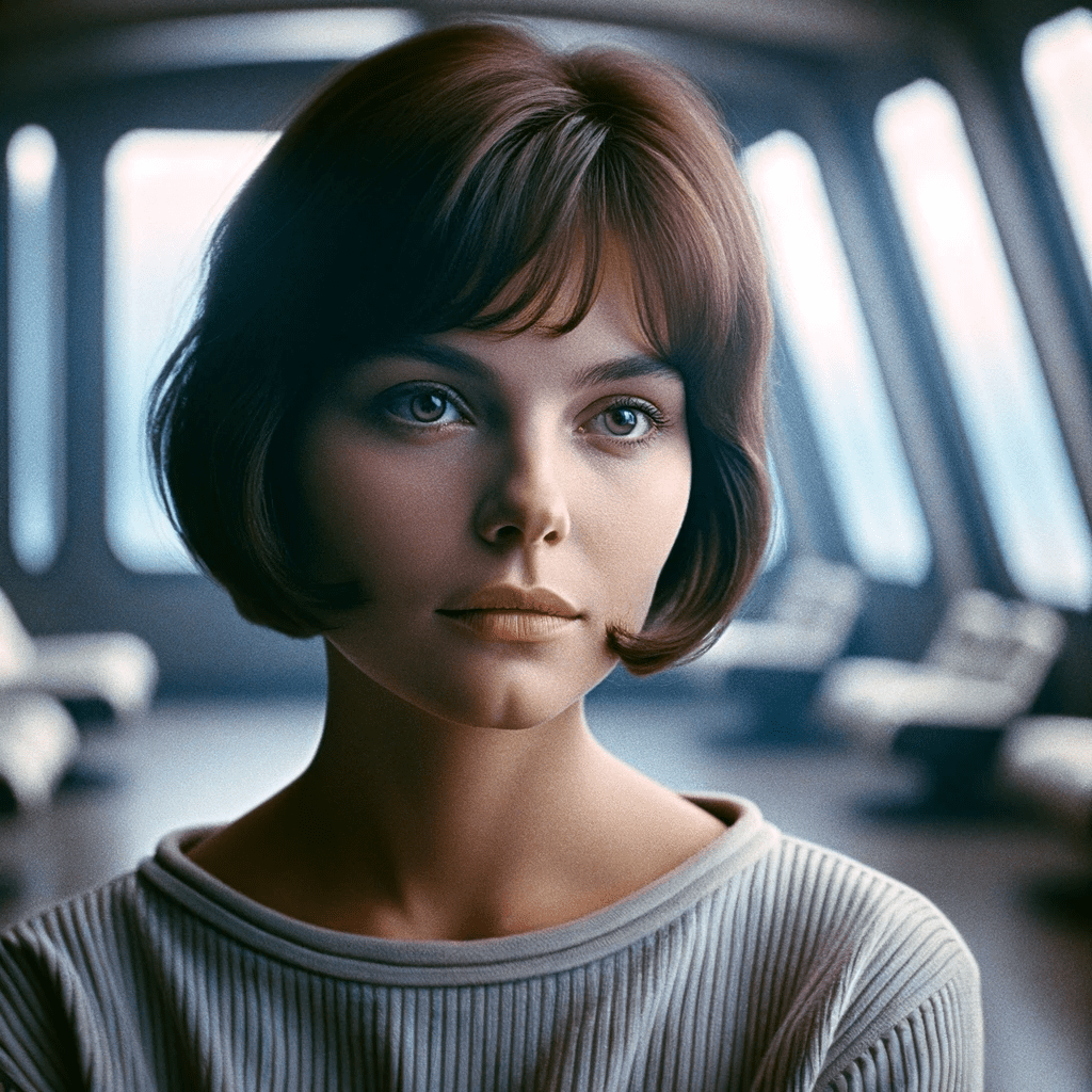 A photograph styled to mirror a 1970s cinema frame, featuring a woman who resembles someone in her youth during the 1970s, akin to natalja bondartschuk as hari in solaris. The image captures a deeply contemplative and introspective expression, reflective of the mood in tarkovsky's film. Her gaze is thoughtful, perhaps slightly melancholic, evoking a sense of profound introspection. She has a bob cut, with her hair gently tousled by an unseen breeze. Her attire is simple yet futuristic, resonating with the aesthetic of the solaris space station. The setting is the minimalist interior of the space station, with expansive windows opening to the cosmos. The photograph employs a 'noctilux 0. 95' lens effect for a soft depth of field, and the color grading is distinctly reminiscent of 1970s cinema, adding to the filmic quality of the image.