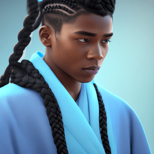 Young male disciple with vitiligo in a braid with bangs, in black and light blue robes, octane render, cinematic, hyper realism, high detail, octane render, 8k