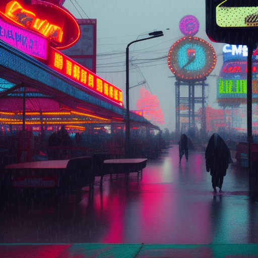Cyberpunk at coney island, close up, light rain