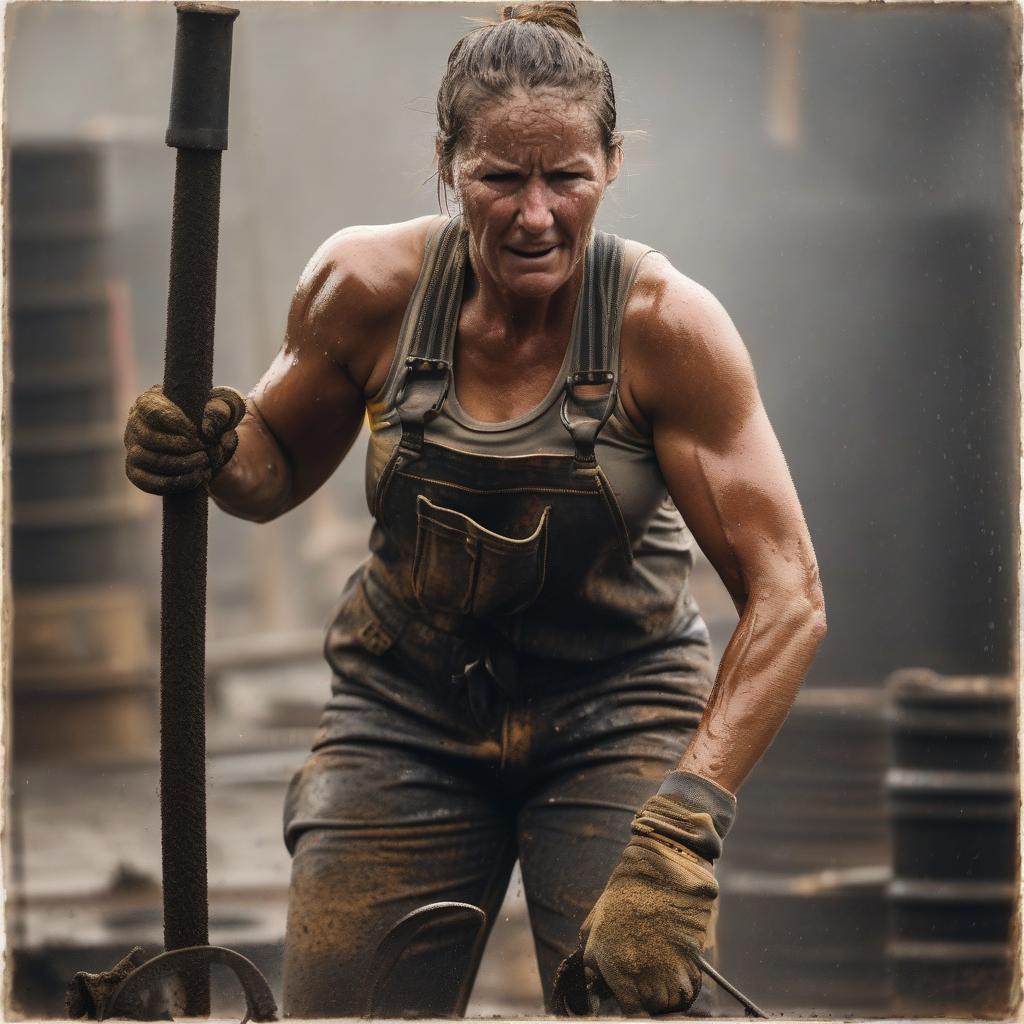 A sweaty muscular woman working as a steel worker on a stressing and dirty job, male physique, exhausted, shoveling