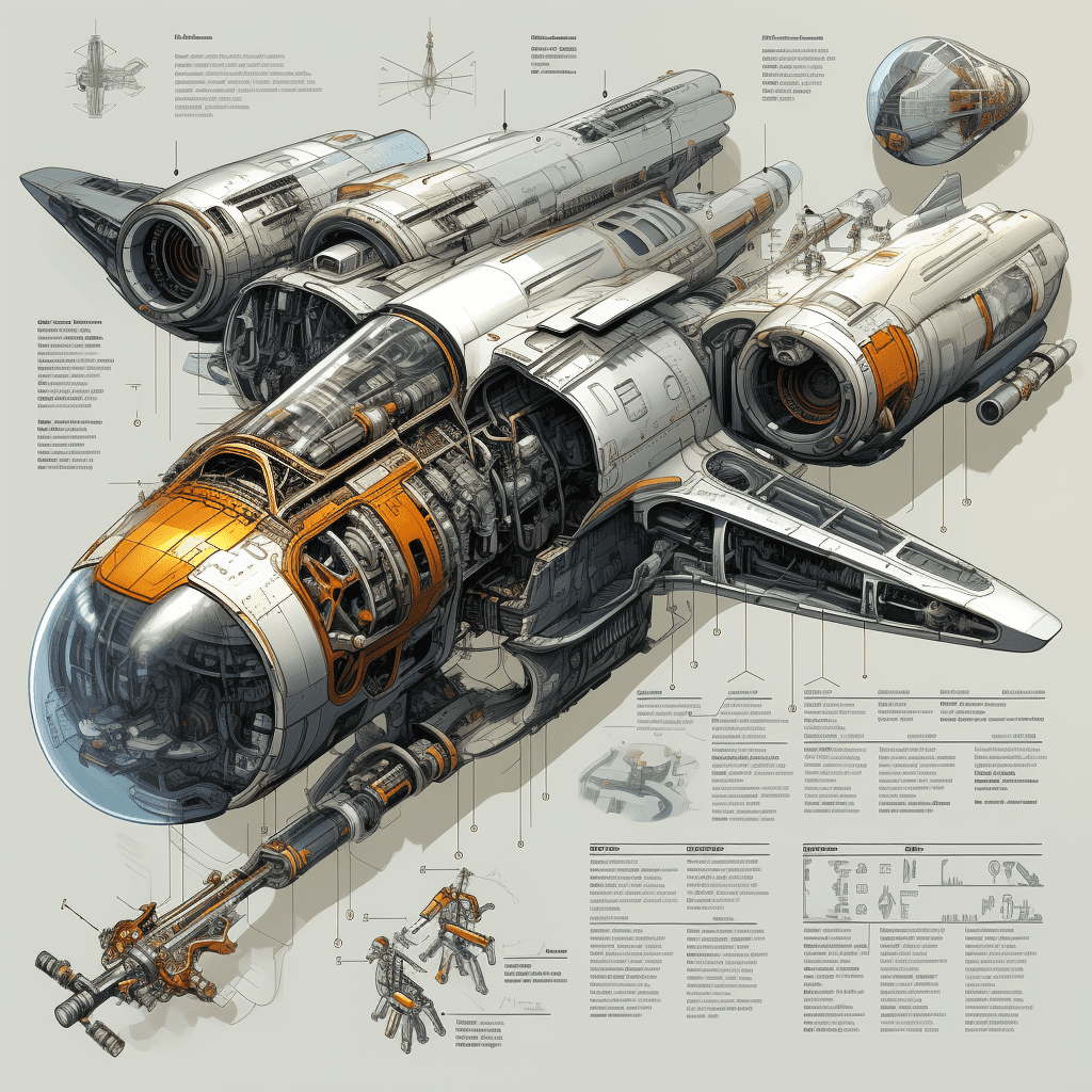 Sketches blueprint of futuristic sci-fi huge spacecraft, warp engines, formulas and annotations, schematic by parts, golden ratio, fake detail, trending pixiv fanbox, acrylic palette knife, style of makoto shinkai studio ghibli genshin impact james gilleard greg rutkowski chiho aoshima