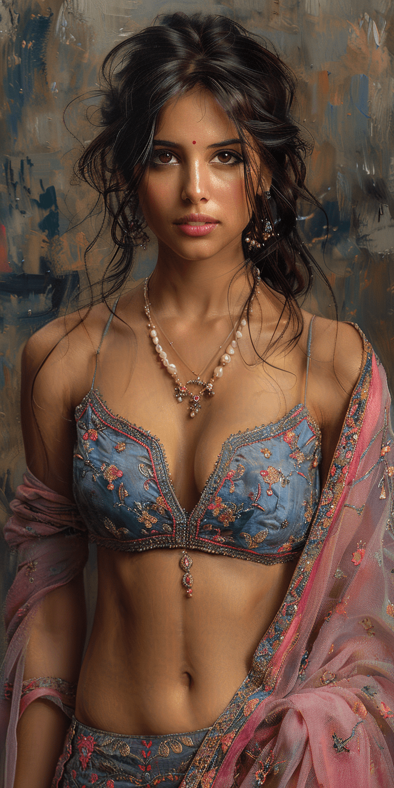 A beautiful indian woman in an elegant blue lehenga with pink sari, in the style of impressionist portraits, oil painting, portrait, front view, looking at the artist, detailed background, high detail, delicate brushstrokes --ar 1:2 --stylize 750