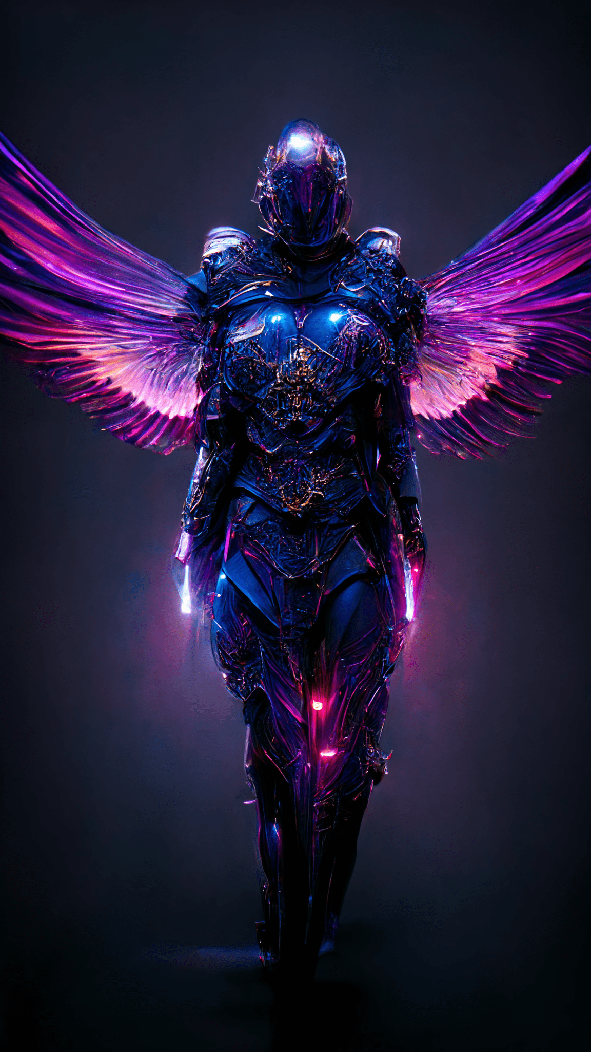 A photo of 8k ultra realistic archangel with 6 wings, full body, intricate purple and blue neon armor, ornate, cinematic lighting, trending on artstation, 4k, hyperrealistic, focused, high details, unreal engine 5, cinematic --ar 9:16 --s 1250 --q 2
